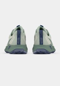 Ζεύγος ανοιχτόχρωμων πράσινων αθλητικών παπουτσιών με σκούρε�ς πράσινες σόλες και μπλέ σχέδια στα ταμπς της φτέρνας, από πίσω σε λευκό φόντο.