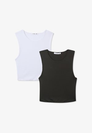 Due top cropped senza maniche, in bianco e nero, realizzate in un tessuto liscio ed elasticizzato, con scollatura rotonda e design minimalista.
