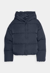 Veste matelassée courte bleu marine avec capuche, présentant un design matelassé, des coutures avant et une doublure intérieure lisse. Fermeture éclair non visible.