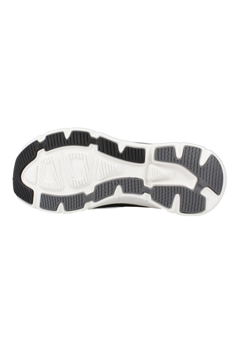 Schuhsohle mit einem schwarzen Gummiprofil und einer weißen Zwischensohle. Verfügt über strukturierte Rillen für Traktion und ein durchdachtes Design.