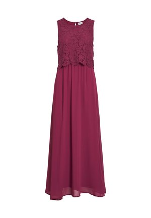 Bezruké bordó maxi šaty s krajkovým živůtkem, kulatým výstřihem a lehce splývavou sukní, navržené pro formální nebo večerní nošení.