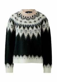 Pull en tricot avec col rond, présentant un motif géométrique noir, blanc et rose. Fabriqué en tissu doux et moelleux avec des poignets côtelés.