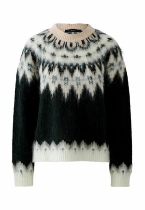 Gestickter Pullover mit Rundhalsausschnitt, der ein geometrisches Muster in Schwarz, Weiß und Pink aufweist. Gefertigt aus weichem, flauschigem Material mit gerippten Bündchen.
