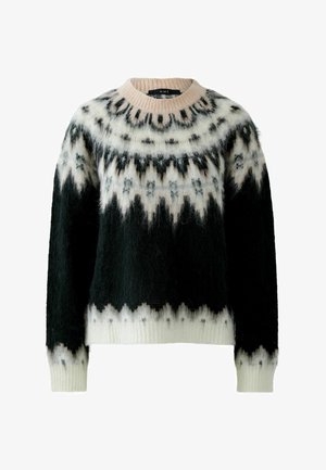 Pull en tricot avec col rond, présentant un motif géométrique noir, blanc et rose. Fabriqué en tissu doux et moelleux avec des poignets côtelés.