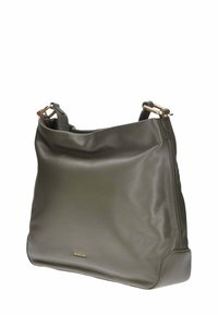 Borsa a spalla in pelle verde oliva con design morbido, caratterizzata da una leggera texture e dettagli in metallo dorato. Nome del brand "BIASIA" visibile.