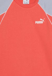 Felpa corallo con maniche raglan grigie. Presenta un piccolo logo bianco Puma sul frontale, realizzato in un morbido tessuto testurizzato.
