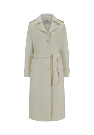 Long cream-colored coat with buttons, belted waist, wide lapels, shoulder epaulets, and cuffed sleeves.