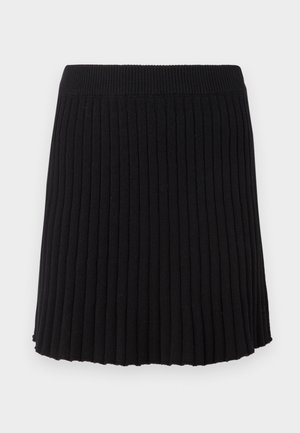 Black ribbed knitted skirt with a wide waistband, featuring vertical pleats and a flared hemline. Uniform texture throughout.