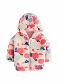 Fleecefodrad zip-up hoodie i pastellfärger, med en blandning av prickar och former. Har en huva och en "JOY MAKERS"-etikett på framsidan.