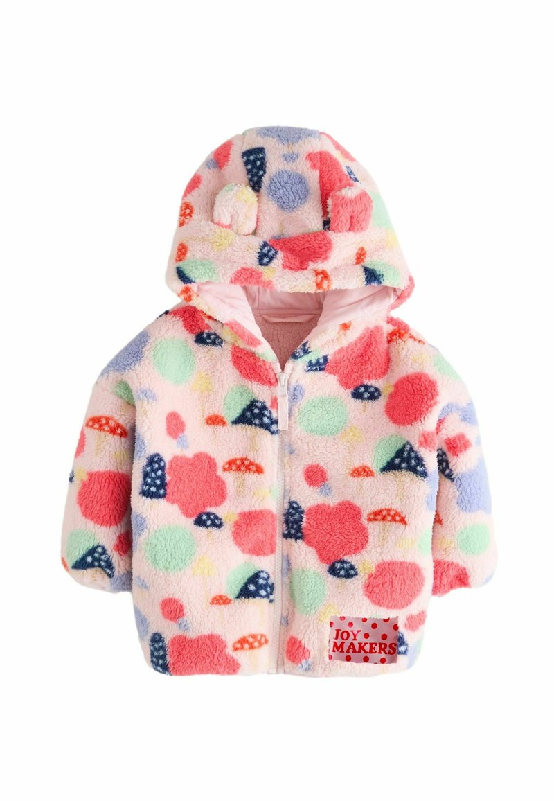 Fleecefodrad zip-up hoodie i pastellfärger, med en blandning av prickar och former. Har en huva och en "JOY MAKERS"-etikett på framsidan.