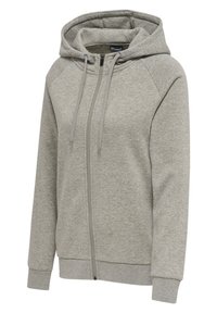 Sweat à capuche zippé gris clair avec cordon à la capuche, poignets côtelés et texture de tissu douce.