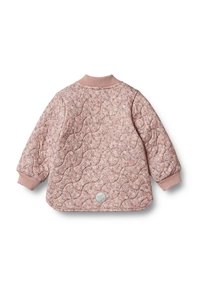 Quiltet lyserød blomsterjakke til småbørn med ribbede manchetter og krave, bølget sy-mønster og rundt reflekslogo ved kanten.