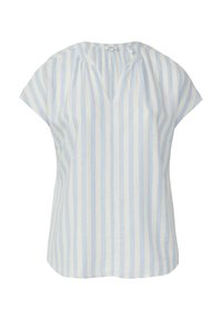 Blouse à manches courtes à rayures verticales bleu clair et blanc, avec un col rond et de subtils plis près du col.