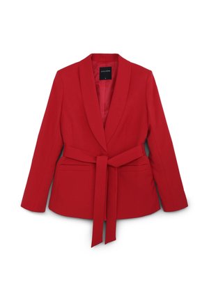 Roter Blazer mit tailliertem Schnitt, Reverskragen, langen Ärmeln, seitlichen Taschen und einem selbstbindenden Gürtel in der Taille. Glatte Textur.