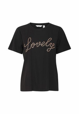 Zwarte t-shirt met korte mouwen van katoen, met het woord "lovely" in metalen studs op de voorkant. Zachte textuur, ronde hals.