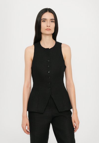Black sleeveless vest with a high neckline, featuring a row of six buttons down the front, structured design, and a slightly flared hem.