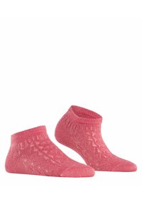 Rosa Knöchelsocken mit einem strukturierten Muster und geripptem Bund. Der Stoff hat einen dezenten Glanz und ein dekoratives Lochmuster.