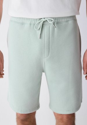Pantaloncini verde chiaro con coulisse indossati da una persona con una camicia bianca, mostrando la parte anteriore della vita e la parte superiore della coscia.