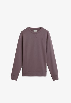 Sweatshirt violet à manches longues en mélange de coton. Il possède un col rond, des poignets côtelés et un petit logo sur la poitrine. Texture lisse.