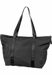 Borsa a tracolla in nylon nero con doppie maniglie in tessuto e chiusura con zip. La borsa presenta una texture morbida e una forma rettangolare per un ampio spazio di stoccaggio.