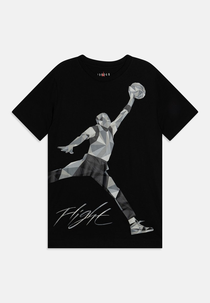 Schwarzes Baumwoll-T-Shirt mit einem geometrischen, monochromen Druck eines Figuren, die zum Basketballwurf springt. Mit dem Textdetail "Flight".