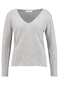 Hellgrauer Pullover aus weichem Strickmaterial, mit V-Ausschnitt und langen Ärmeln, im entspannten Schnitt für zusätzlichen Komfort.