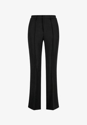 Schwarze, maßgeschneiderte Hose mit geradem Bein, ausgestattet mit vorderen Bügelfalten und einem flachen Bund. Hergestellt aus glattem Stoff.