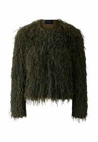 Olive green cropped jacket with a textured, shaggy fur-like finish, round neckline, and long sleeves. No visible fastenings or patterns.
