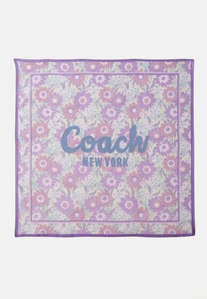 Floral-patterned silk scarf in shades of lavender and mint green, featuring "Coach New York" logo in blue, bordered with a solid purple trim.