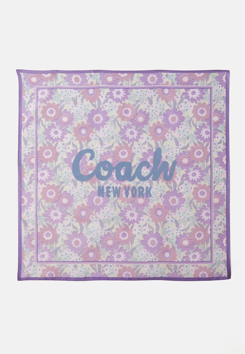 Floral-patterned silk scarf in shades of lavender and mint green, featuring "Coach New York" logo in blue, bordered with a solid purple trim.