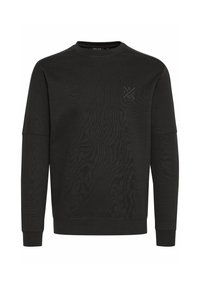 Black sweatshirt, crew neck, long sleeves, textured fabric, subtle logo detail on the chest, ribbed cuffs and hem.