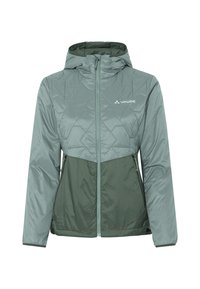 Giacca leggera con cappuccio di un verde tenue, con una sezione superiore trapuntata a motivo a rombi, una sezione inferiore liscia e tasche con zip.