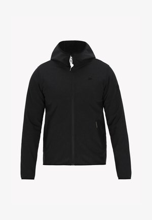 Črna jopica na zadrgo s kapuco, iz teksturiranega materiala, sprednja zadrga in akcenti s vrvico. Vključen sta dva stranska žepa.