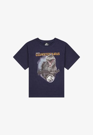 Marineblaue Baumwoll-T-Shirt mit einem Grafikmotiv eines Giganotosaurus und einem dinosaurier-inspirierten Design, rundem Halsausschnitt, kurzen Ärmeln und bedruckten Akzenten.