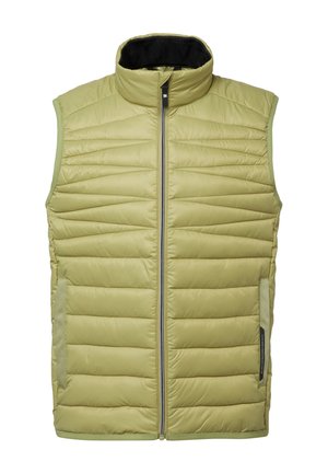 Svetlozelená prešívaná vesta s vysokým golierom, predným zipsom a horizontálnym prešívaným vzorom. Má dve bočné vrecká a kontrastné lemovanie.