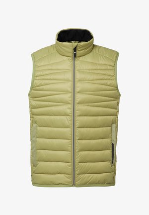 Svetlozelená prešívaná vesta s vysokým golierom, predným zipsom a horizontálnym prešívaným vzorom. Má dve bočné vrecká a kontrastné lemovanie.