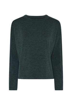 Ciemnozielony, długorękawowy t-shirt z okrągłym dekoltem, prostym dołem i prostym, jednolitym wzorem, przedstawiony na białym tle.