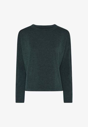 Ciemnozielony, długorękawowy t-shirt z okrągłym dekoltem, prostym dołem i prostym, jednolitym wzorem, przedstawiony na białym tle.