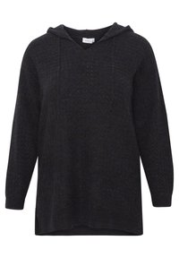 Pull à capuche gris foncé en tissu texturé. Il possède des manches longues, un col en V et des fentes sur les côtés pour faciliter le mouvement.