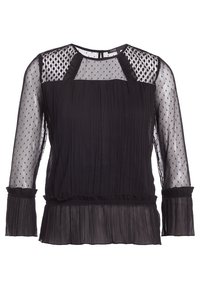 Blouse noire transparente avec manches en mesh à pois et empiècement, devant plissé, poignets et ourlet volantés, et encolure ronde avec fermeture boutonnée au dos.
