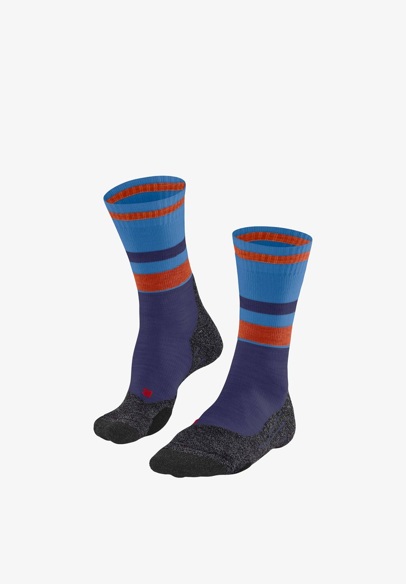 Pair of mid-calf socks with blue, purple, and orange stripes, featuring black textured soles and red right/left foot indicators.
