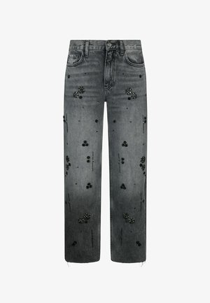 Graue Jeans aus Denim mit lockerer Passform, verziert mit schwarzen Perlenblumen und verstreuten Verzierungen, sowie ausgefranstem Saum.
