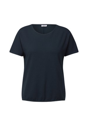 Dunkelblaues kurzärmliges Oberteil aus strukturiertem Stoff mit rundem Halsausschnitt und geradem Schnitt. Einfaches Design ohne zusätzliche Akzente oder Muster.