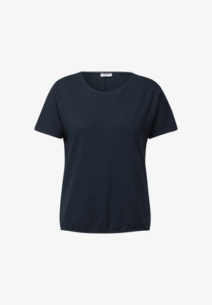 Marineblå kortærmet top lavet af tekstureret stof med rund hals og lige pasform. Simpelt design uden yderligere detaljer eller mønstre.