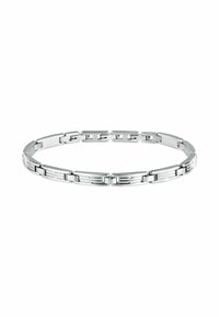 Bracciale in argento con anelli allungati e finitura lucida, dettagli texturizzati; design circolare; bordi lisci; estetica moderna.