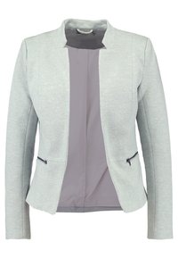 Blazer gris clair texturé avec un col rond, des poches zippées sur le devant et une doublure intérieure lisse. Design structuré avec des manches longues.