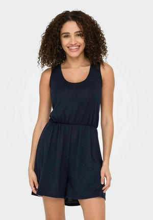 Marineblå ærmeløs jumpsuit med en rund halsudskæring, elastisk talje og en afslappet pasform. Letvægtsstof med en blød tekstur.