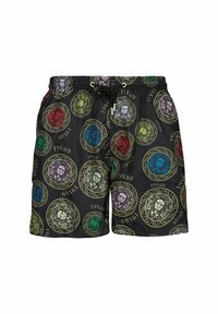 Zwarte zwembroek met een levendig leeuwenmotief in verschillende kleuren binnen cirkelvormige ontwerpen, met de tekst "1969" en een trekkoord in de taille.