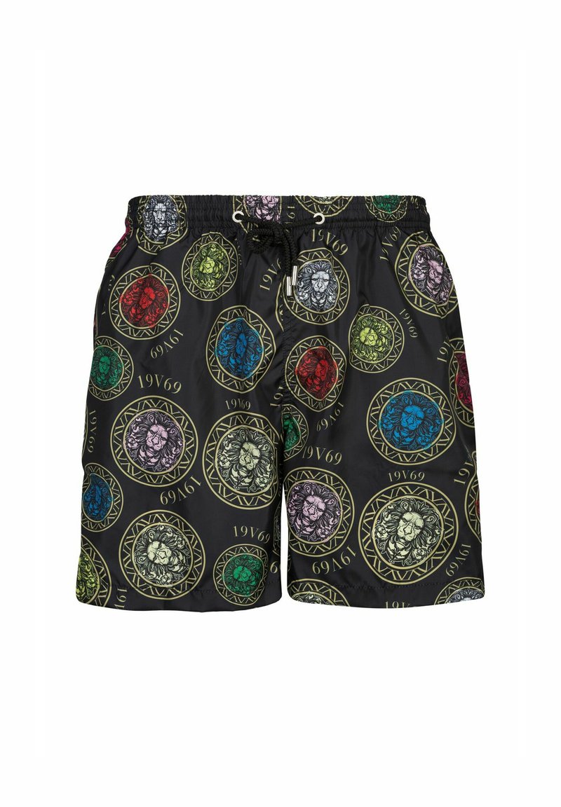 Zwarte zwembroek met een levendig leeuwenmotief in verschillende kleuren binnen cirkelvormige ontwerpen, met de tekst "1969" en een trekkoord in de taille.