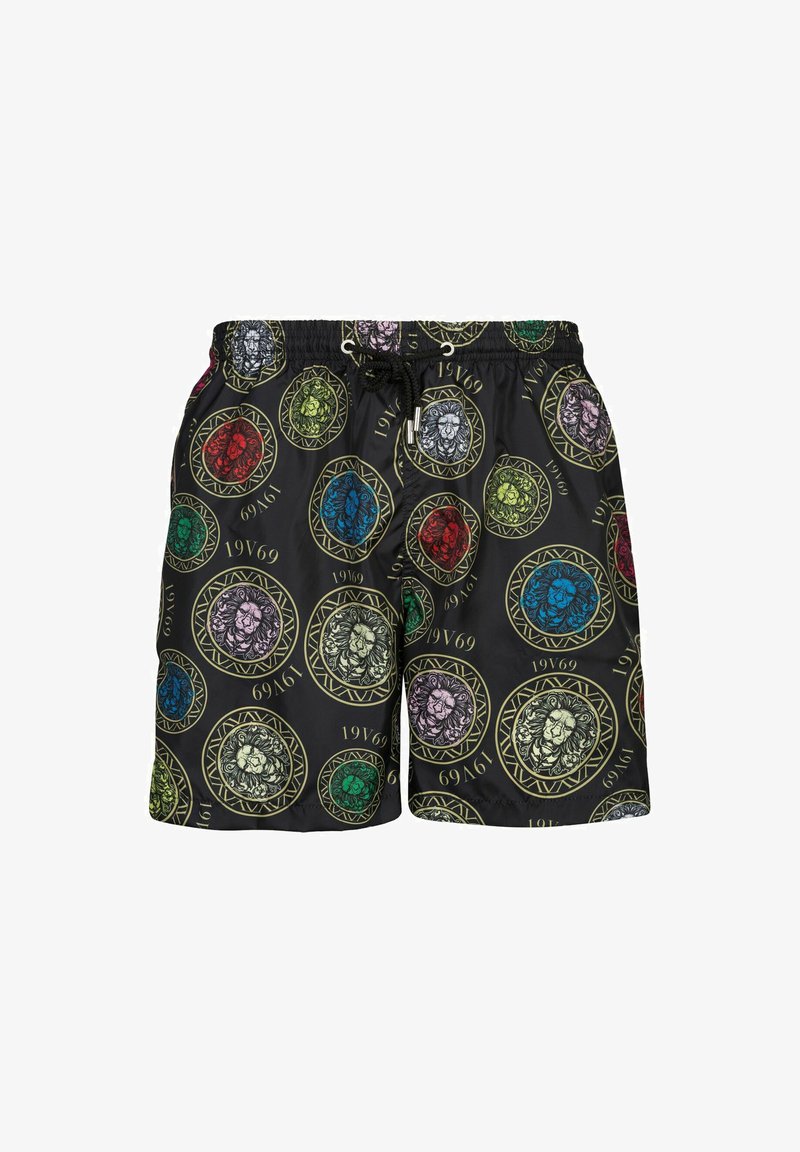 Zwarte zwembroek met een levendig leeuwenmotief in verschillende kleuren binnen cirkelvormige ontwerpen, met de tekst "1969" en een trekkoord in de taille.